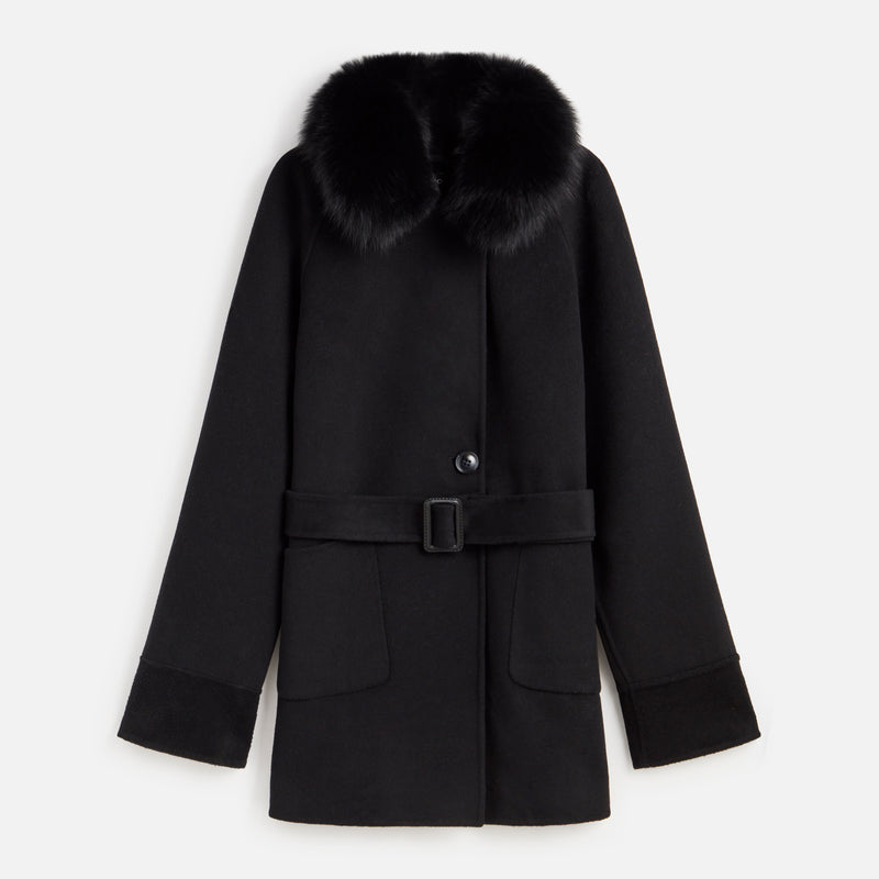 COAT BELT WOOL+FOX BLACK M