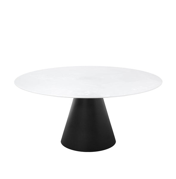 Mesa redonda de comedor con sobre blanco liso y base cónica negra