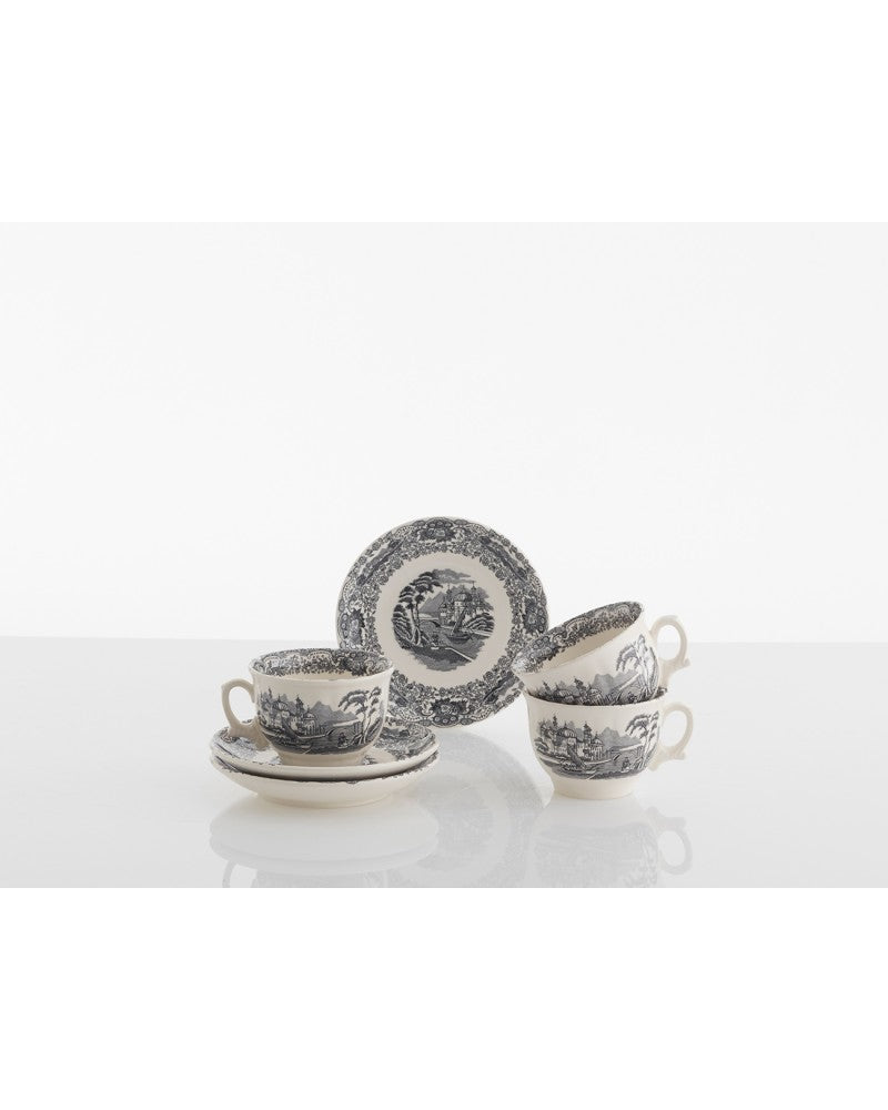 Juego de tazas con plato de cerámica negra y decoración paisajística
