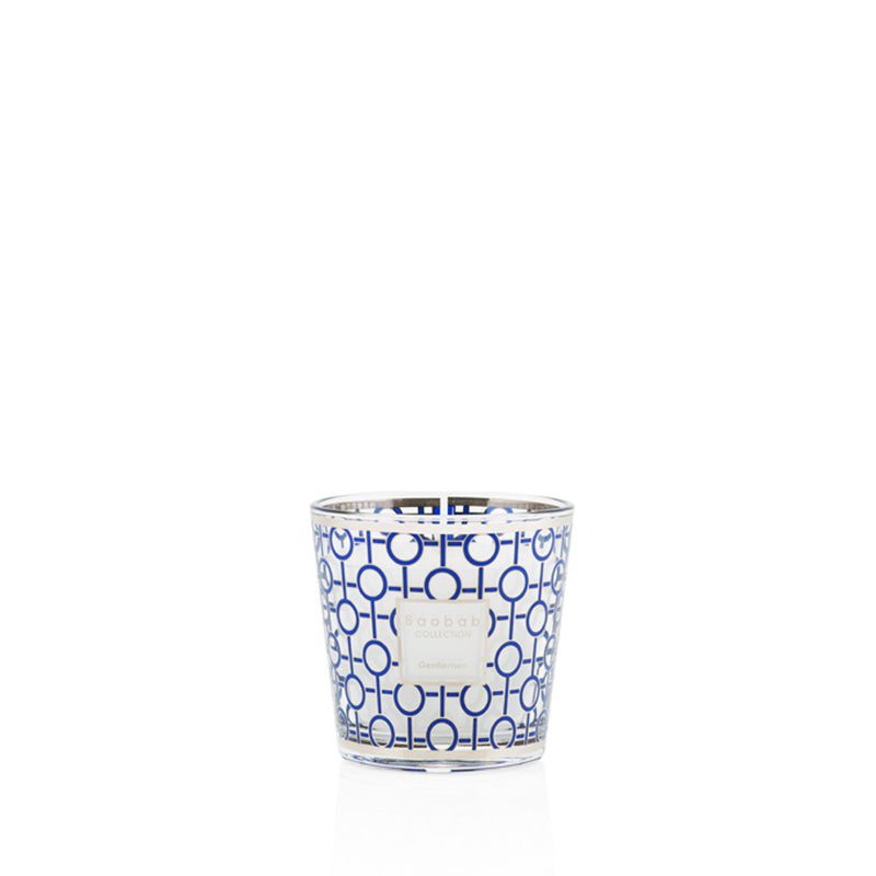 Vela Baobab en vaso de vidrio con patrón geométrico azul