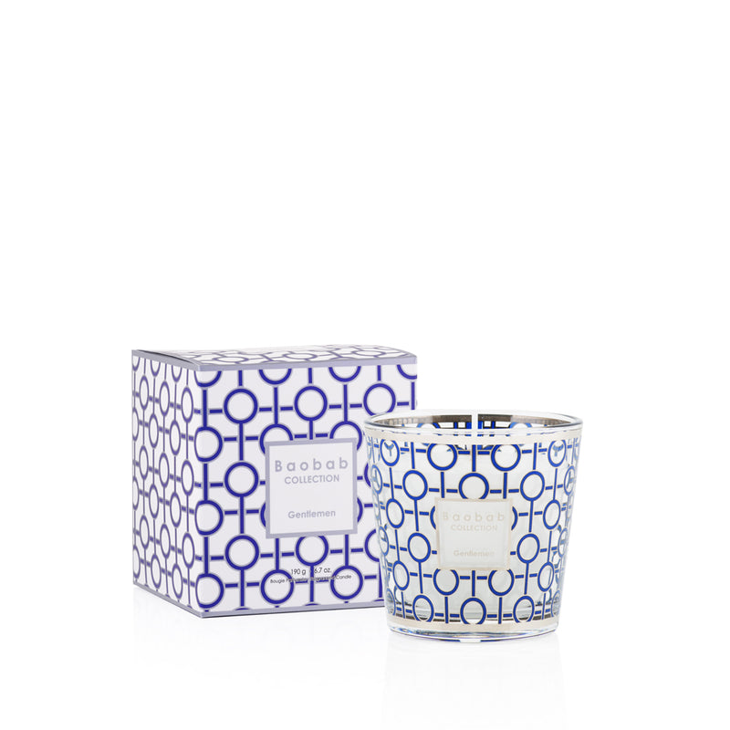Vela Baobab en vaso de vidrio con patrón azul y caja decorativa