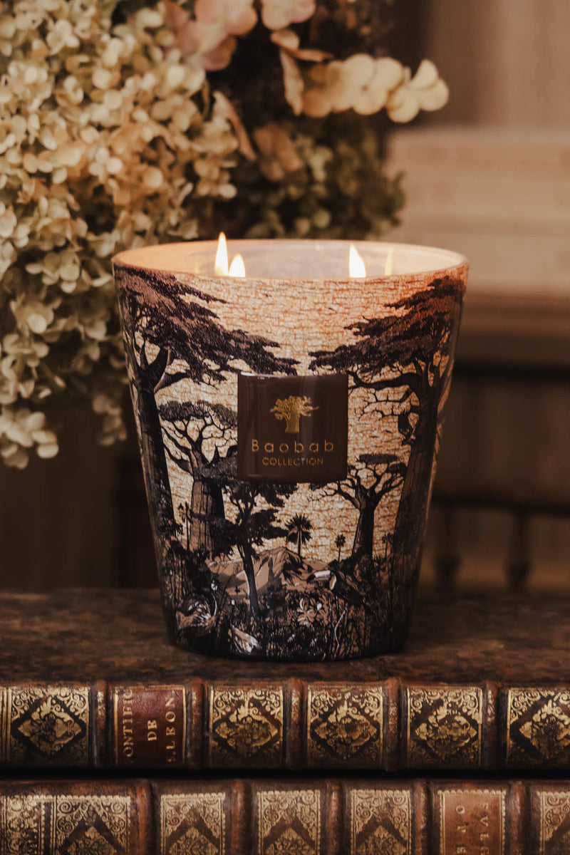 Vela Baobab Collection encendida con dos llamas y estampado de árboles en vaso