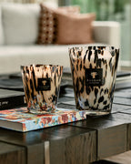 Vela en vaso de vidrio con estampado negro y dorado, etiqueta Baobab en el centro.