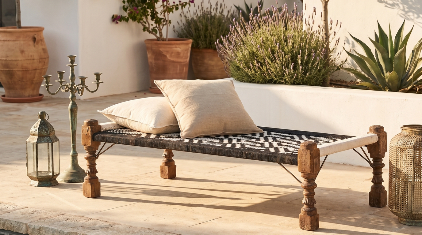 Cama charpai de madera teca y tejido Negro-Crudo
