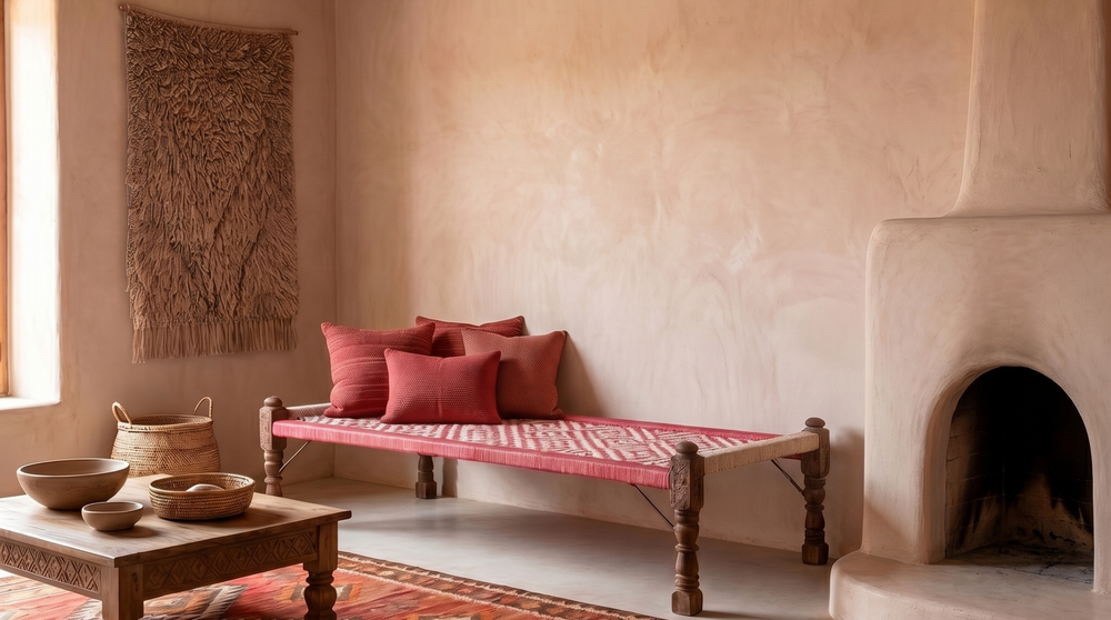 Cama charpai de madera teca y tejido Rojo-Crudo