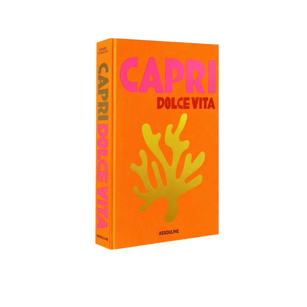 Libro Capri Dolce Vita de tapa naranja con texto CAPRI y DOLCE VITA