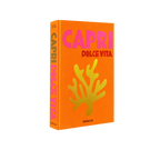 Libro Capri Dolce Vita de tapa naranja con texto CAPRI y DOLCE VITA