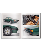 Libro abierto con fotos de un coche verde y detalles del interior