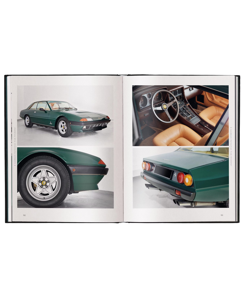 Libro abierto con fotos de un coche verde y detalles del interior
