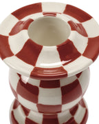 Portavelas cerámico de ajedrez rojo y blanco, con abertura circular