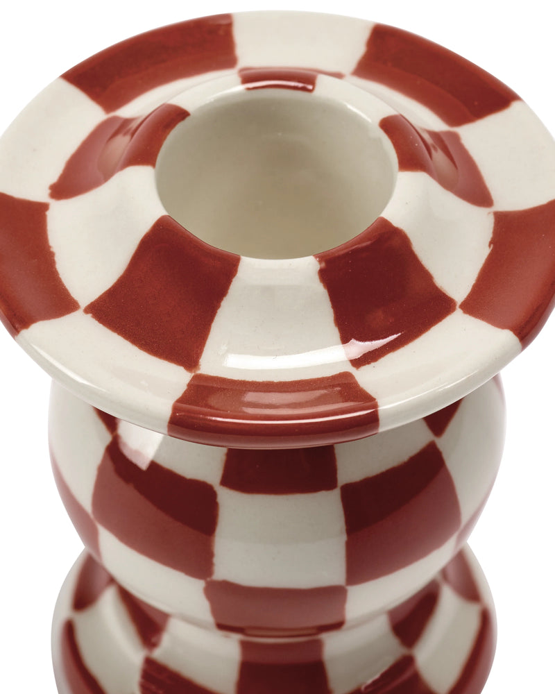 Portavelas cerámico de ajedrez rojo y blanco, con abertura circular