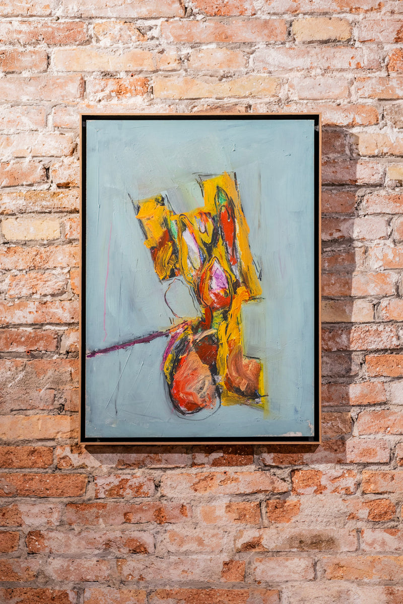 Pintura abstracta en marco negro con figura amarilla y roja, Patricio Raineri