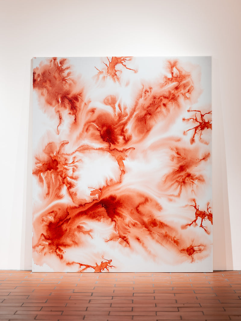 Pintura abstracta roja sobre lienzo claro, formas orgánicas y salpicadas