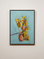 Pintura abstracta con figura en amarillo y naranja, Patricio Raineri, con marco