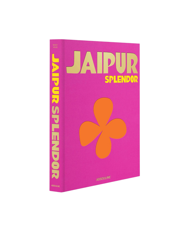 Caja de libro Jaipur Splendor morada con flores naranjas y texto amarillo