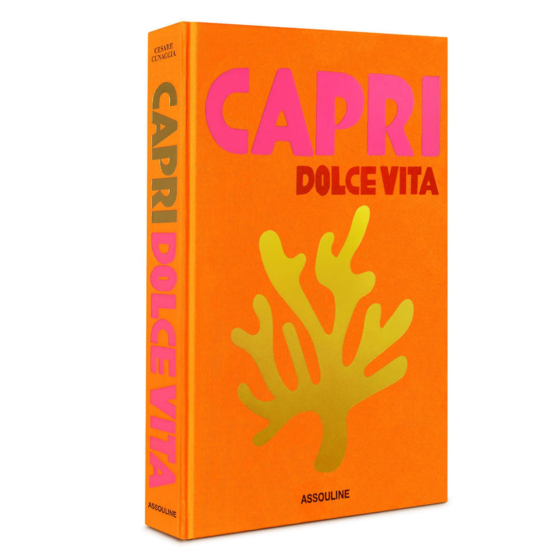Libro Capri Dolce Vita visto de lado; lomo con texto vertical y portada naranja
