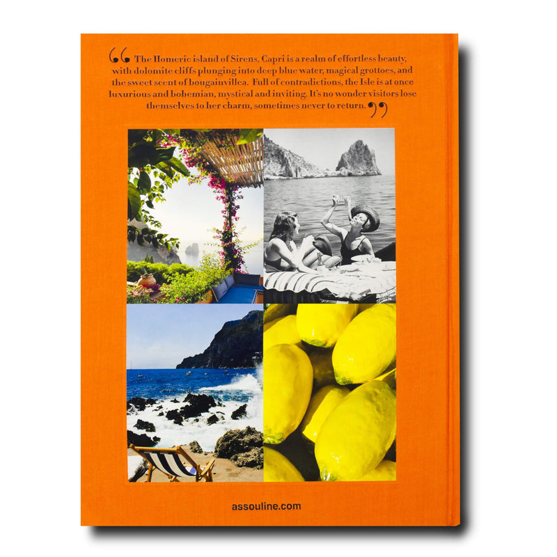 Libro Capri Dolce Vita, contraportada naranja con collage de fotos y limones grandes