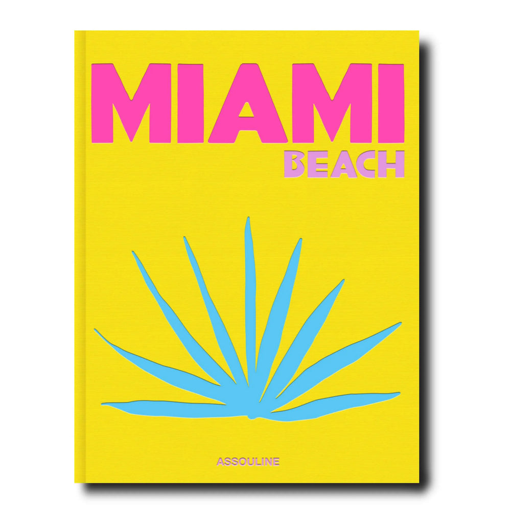 Portada del libro Miami Beach: texto rosa en fondo amarillo, sol azul estilizado