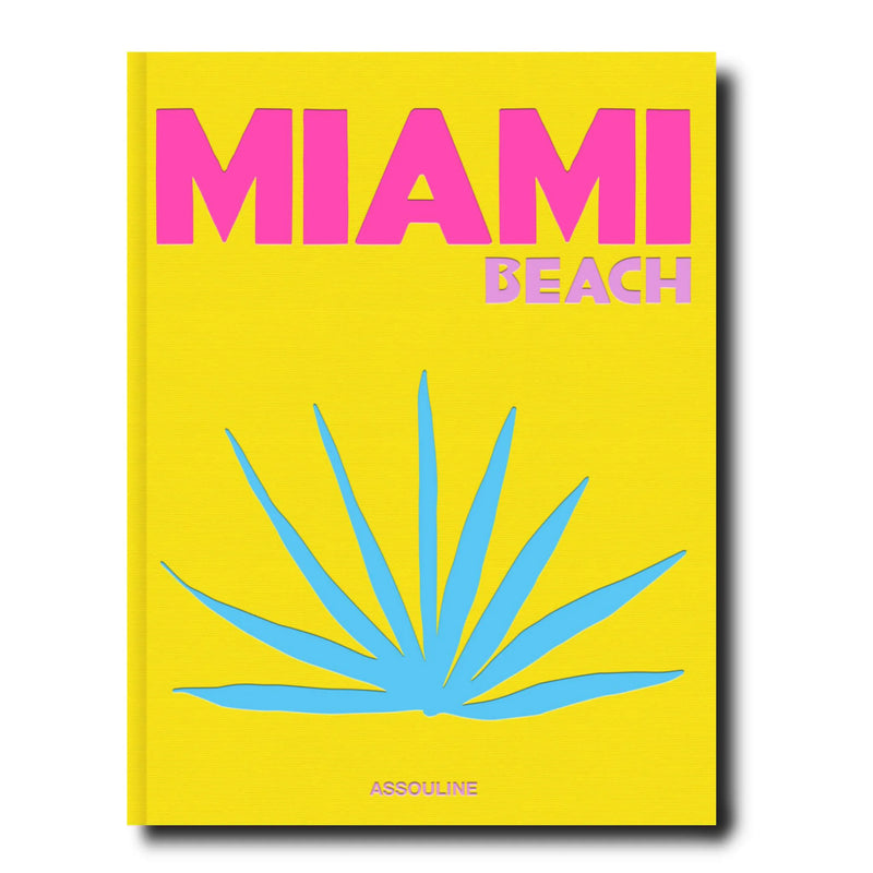 Portada del libro Miami Beach: texto rosa en fondo amarillo, sol azul estilizado