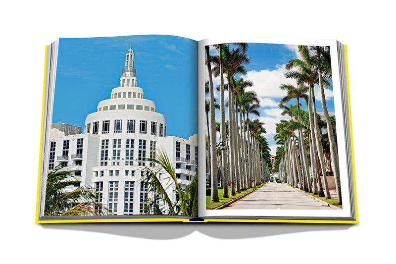 Libro de fotografía abierto con edificios blancos y palmeras a lo largo de una avenida