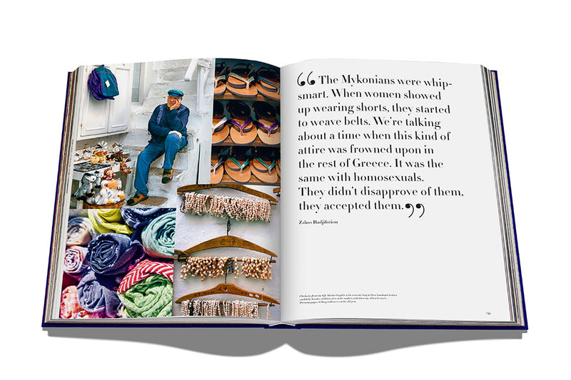 Libro abierto con fotos de ropa y accesorios y texto en la página derecha