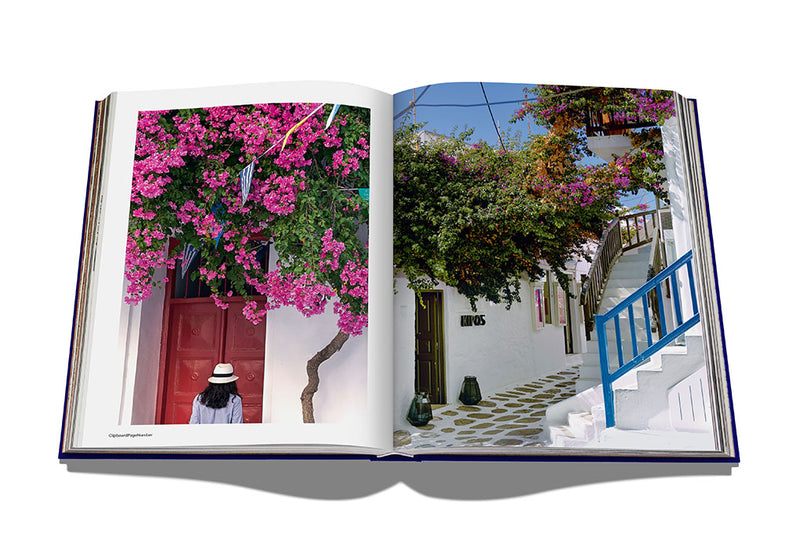 Libro abierto con calle blanca, flores rosadas y moradas en fachada