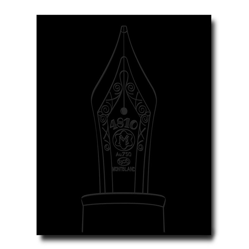 Tapa negra del libro Montblanc con contorno de pluma y emblema