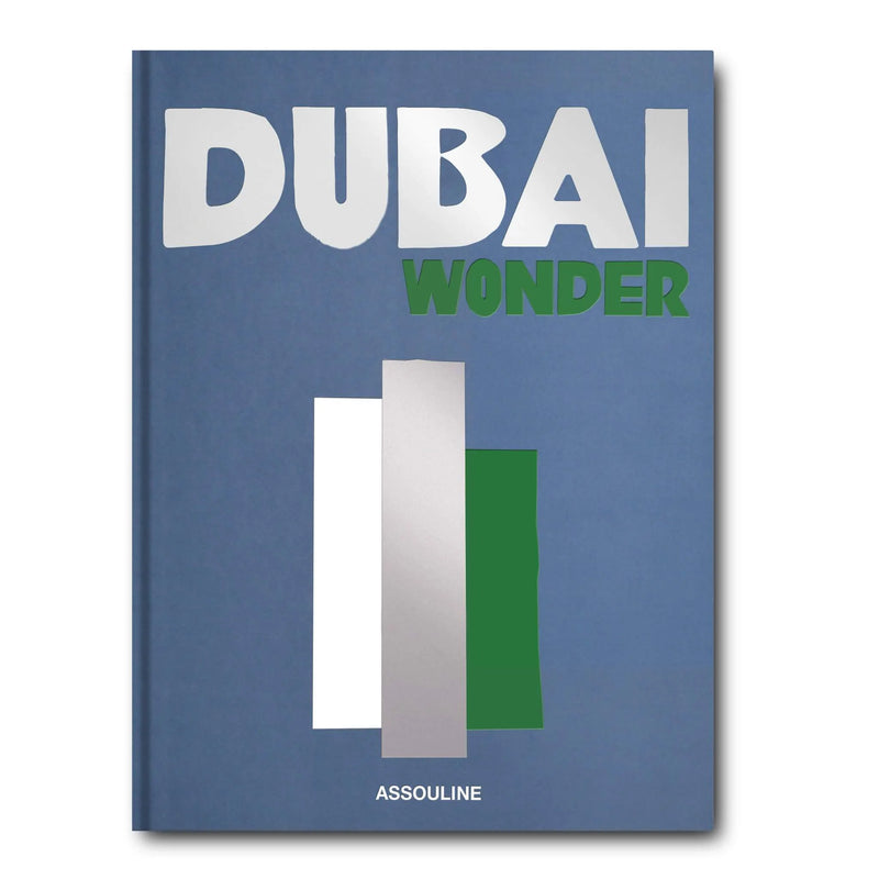 Portada del libro Dubai Wonder azul con letras DUBAI y WONDER en verde