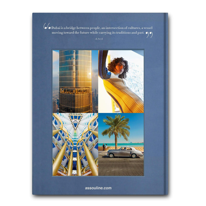 Contraportada del libro Dubai Wonder azul con collage de fotos y cita