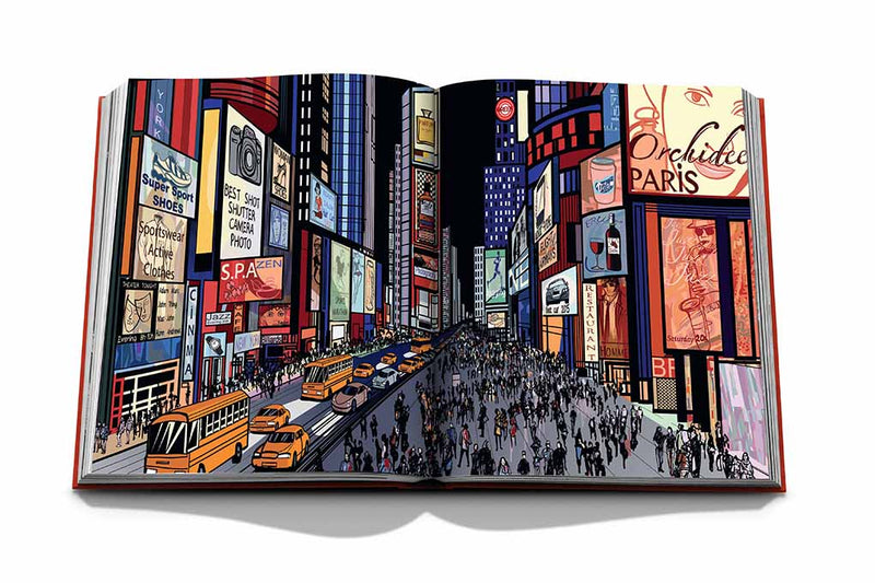 Libro abierto con ilustración de skyline y multitud en calles urbanas