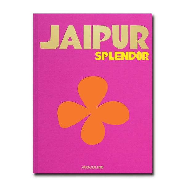 Portada de libro Jaipur Splendor rosa con tipografía dorada y flor naranja.