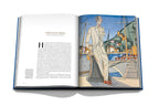 Libro abierto con ilustración de un hombre junto al puerto y texto a la izquierda