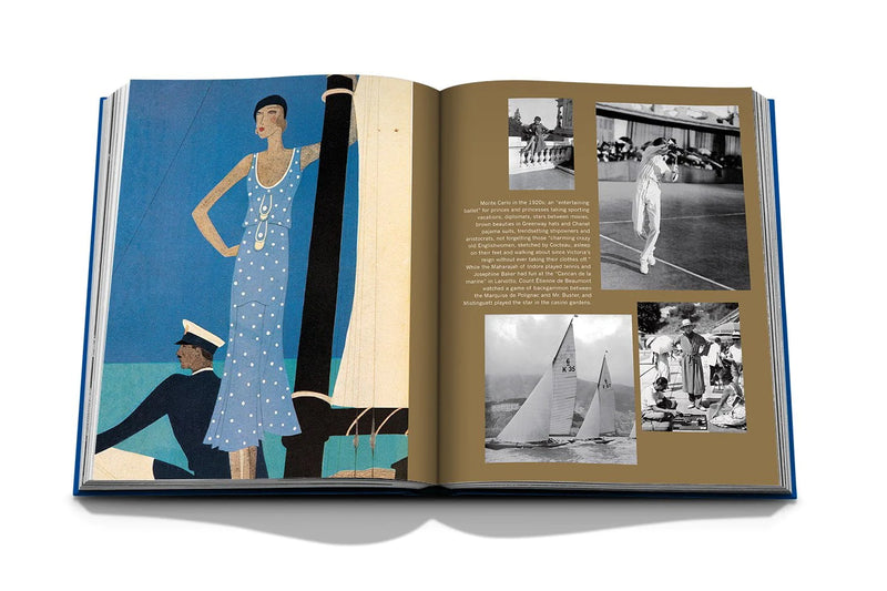 Libro abierto con ilustración de mujer con vestido azul y recuadros de fotos en la derecha