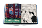 Libro abierto con letrero “HOTEL BELLE RIVE” y escena de bar en blanco y negro