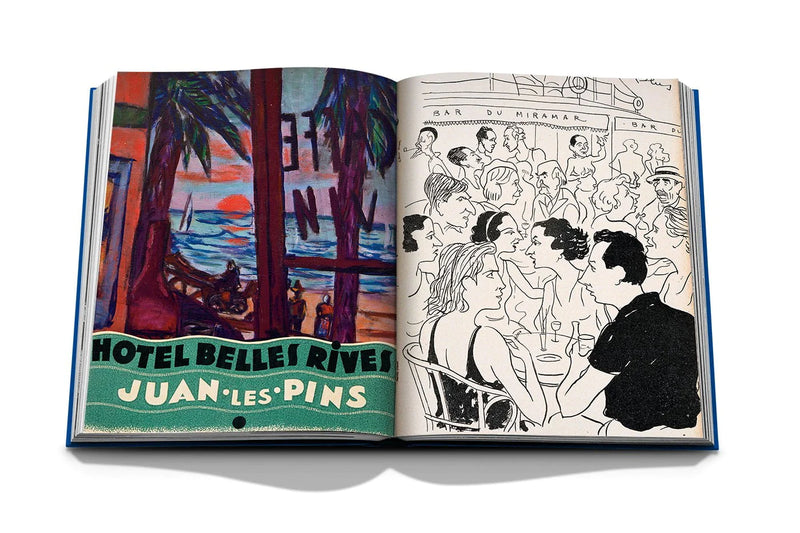 Libro abierto con letrero “HOTEL BELLE RIVE” y escena de bar en blanco y negro
