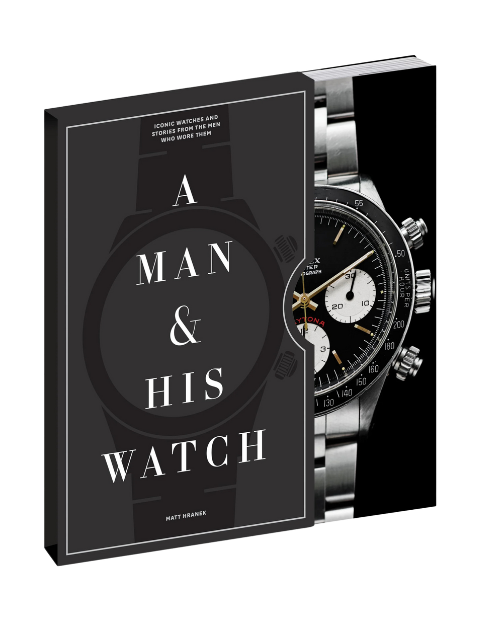 Libro con portada negra «A MAN & HIS WATCH» y reloj a la derecha