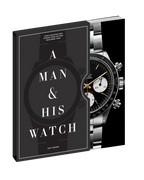 Libro con portada negra «A MAN & HIS WATCH» y reloj a la derecha