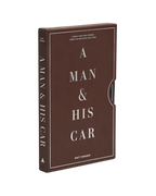 Libro de tapa dura marrón, letras blancas y título vertical A MAN & HIS CAR