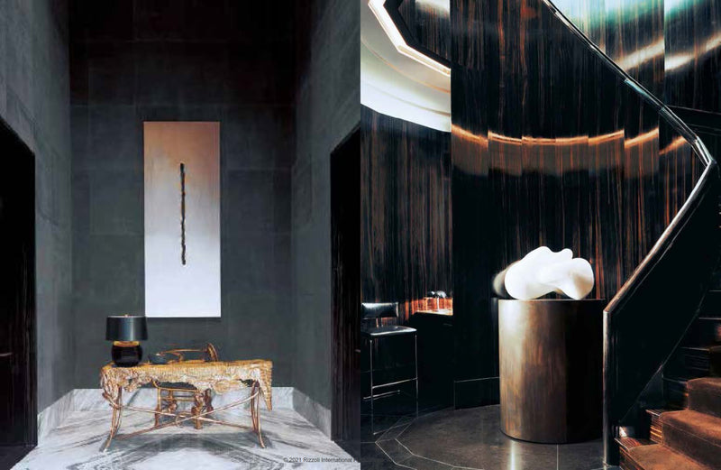 Tom Ford 002: sala con mesa, chimenea decorativa y banco junto al fuego