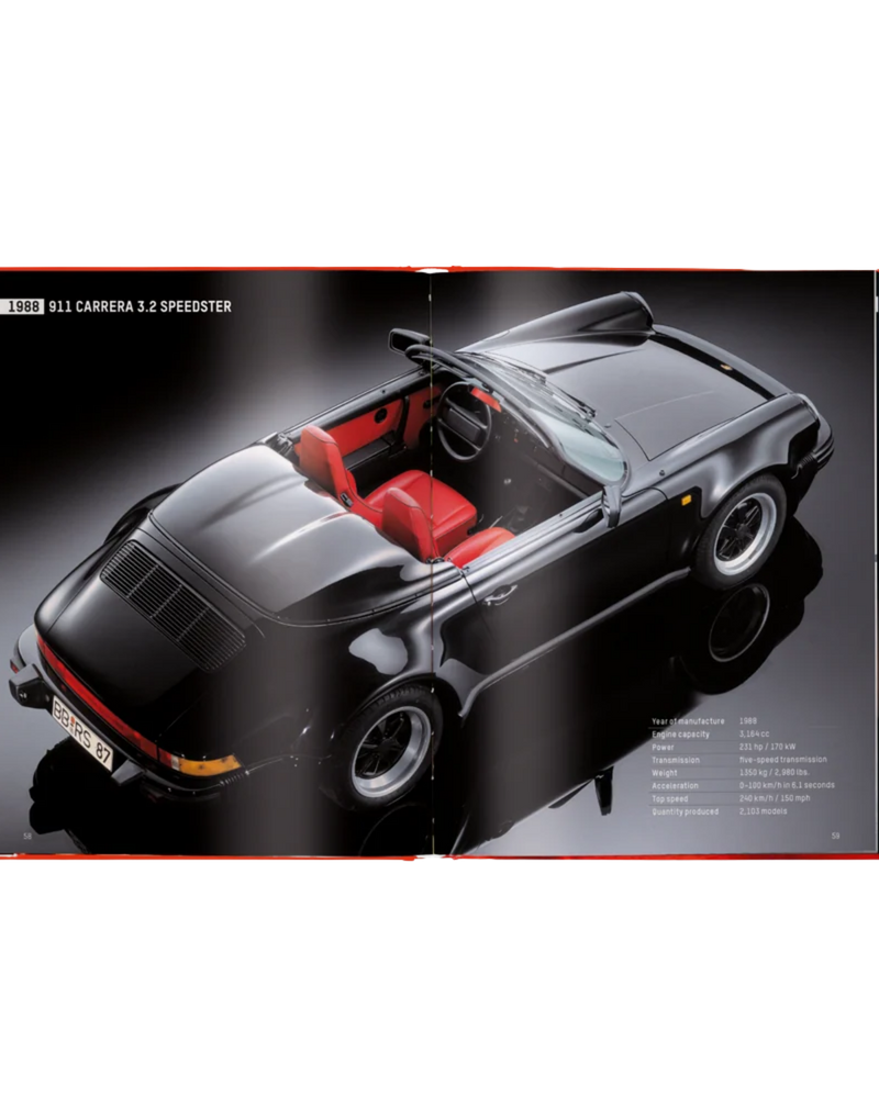 Libro Porsche 911 abierto con foto de coche negro y cabina roja