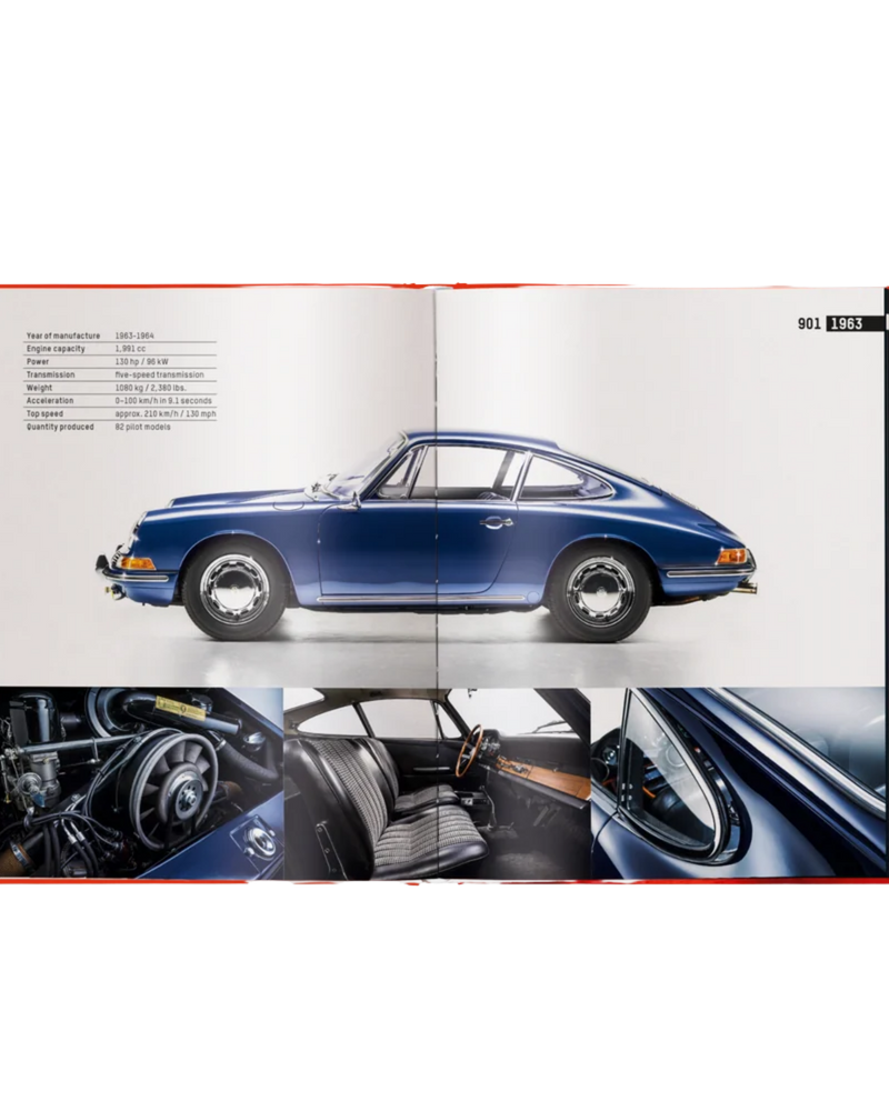 Libro Porsche 911 abierto con coche azul y fotos de motor e interior