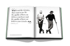 Libro abierto de golf con cita y foto de dos golfistas con palos.