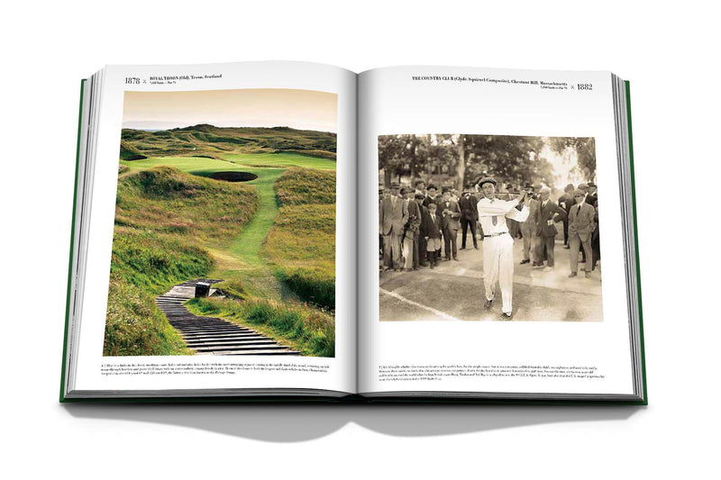 Libro de golf abierto con dos páginas y fotos a color y en blanco y negro.