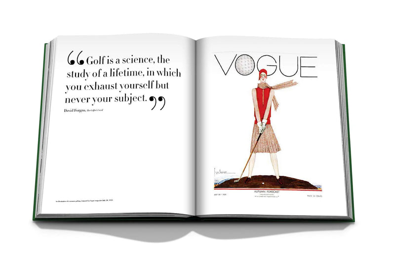 Libro abierto con cita sobre golf y portada de «VOGUE» dentro de la página.