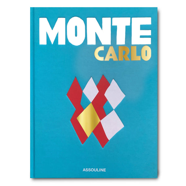 Libro Monte Carlo tapa turquesa con letras blancas y emblema romboidal multicolor