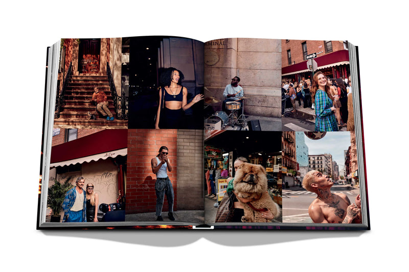 Libro New York Chic abierto con collage de fotos de ciudad, animales y personas.