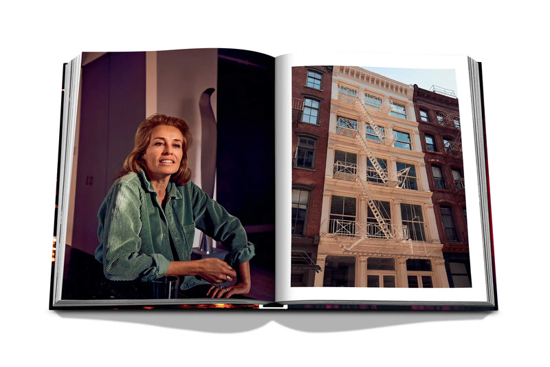 Libro New York Chic abierto, retrato y edificio de ladrillo con estructura metálica.