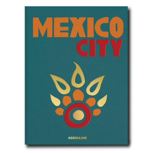 Libro Ciudad de México con portada azul turquesa, texto MEXICO CITY y emblema colorido