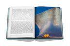 Libro Ciudad de México abierto con páginas de texto y foto de pared ondulada azul