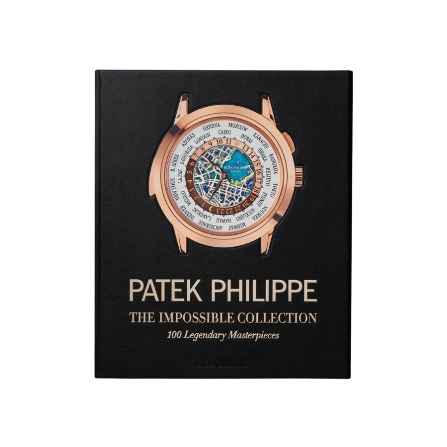 Libro de tapa negra con reloj de oro rosa y texto PATEK PHILIPPE